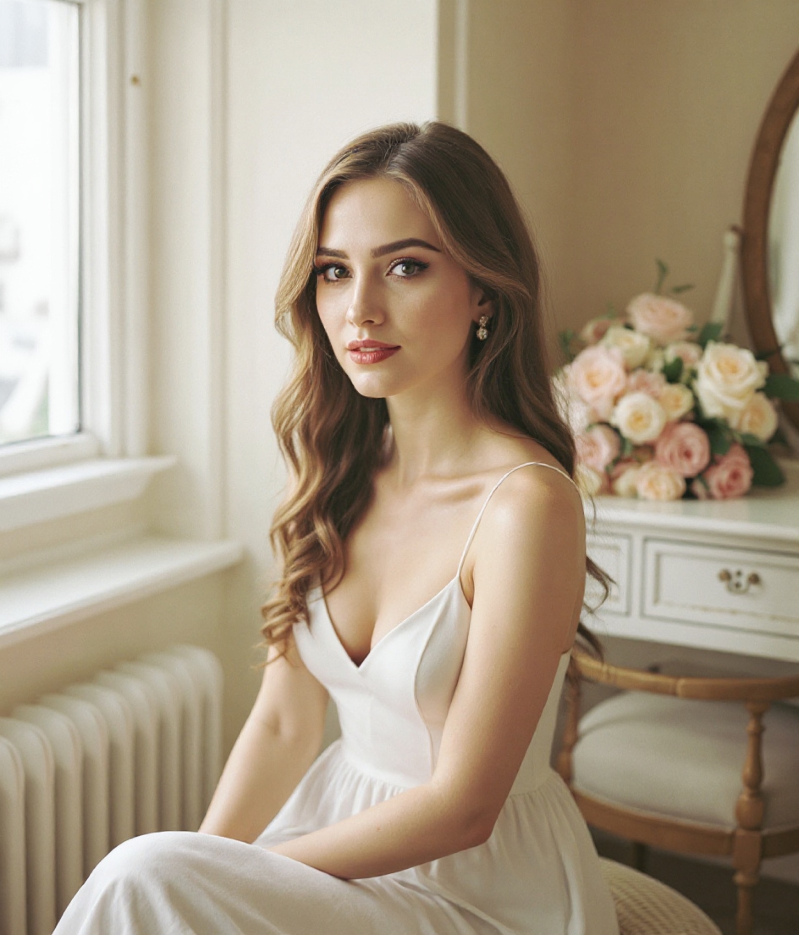The same bride with soft bridal makeup and loose waves (sample result)