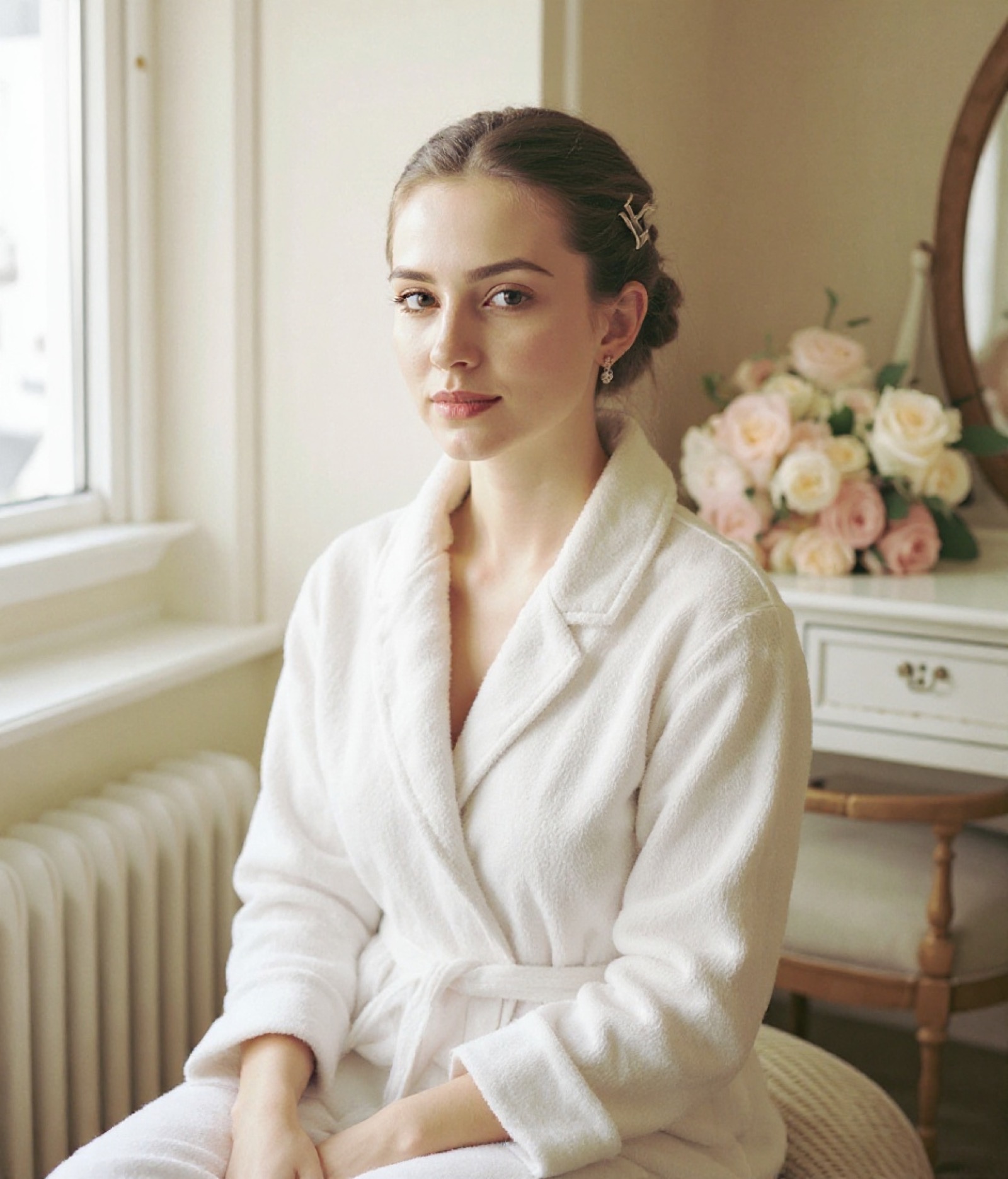 A bare face and hair clipped back in a robe, before bridal makeup (sample result)