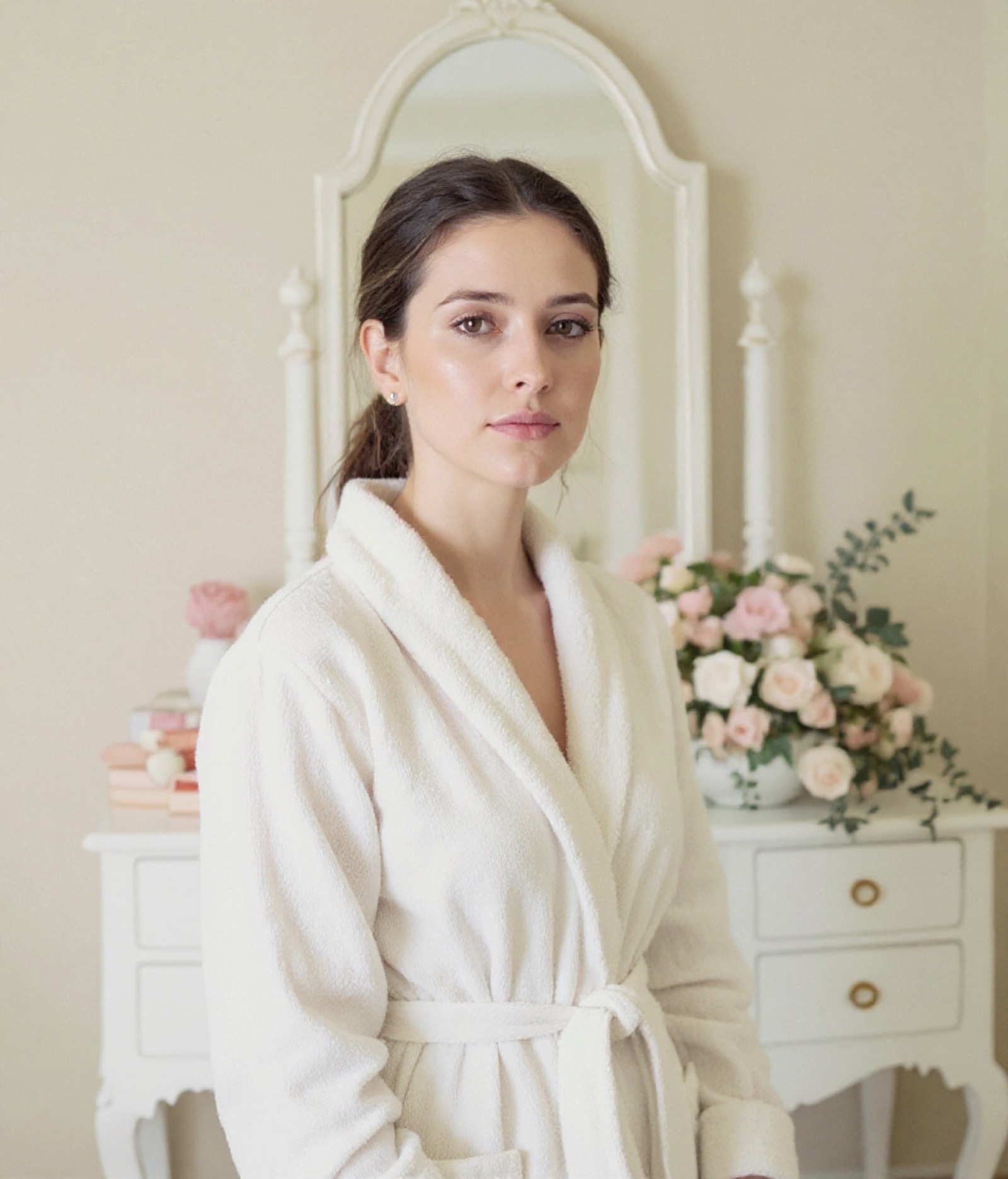 A bare face and hair in a low ponytail, before event makeup (sample result)