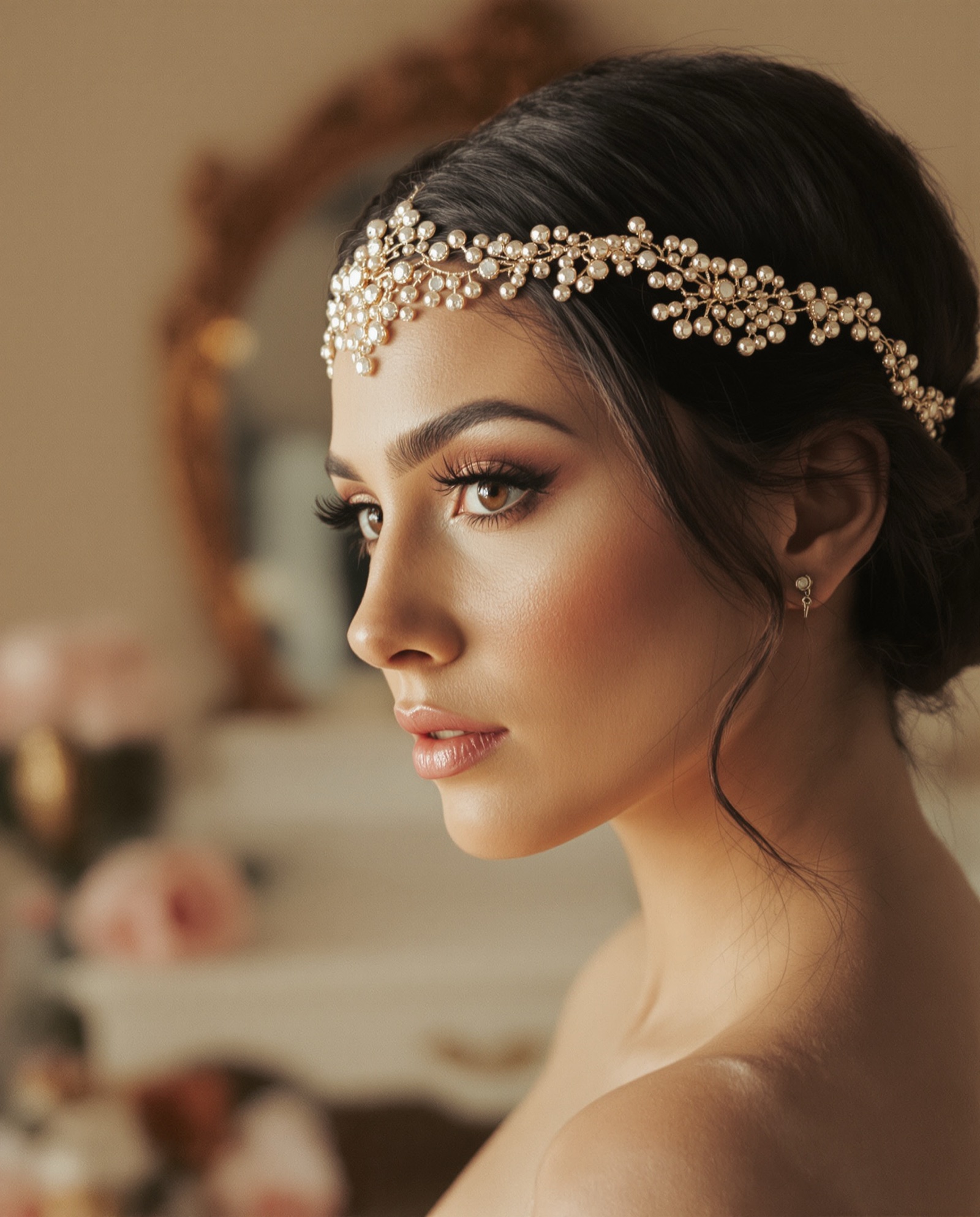 Editorial glam with a gold headpiece