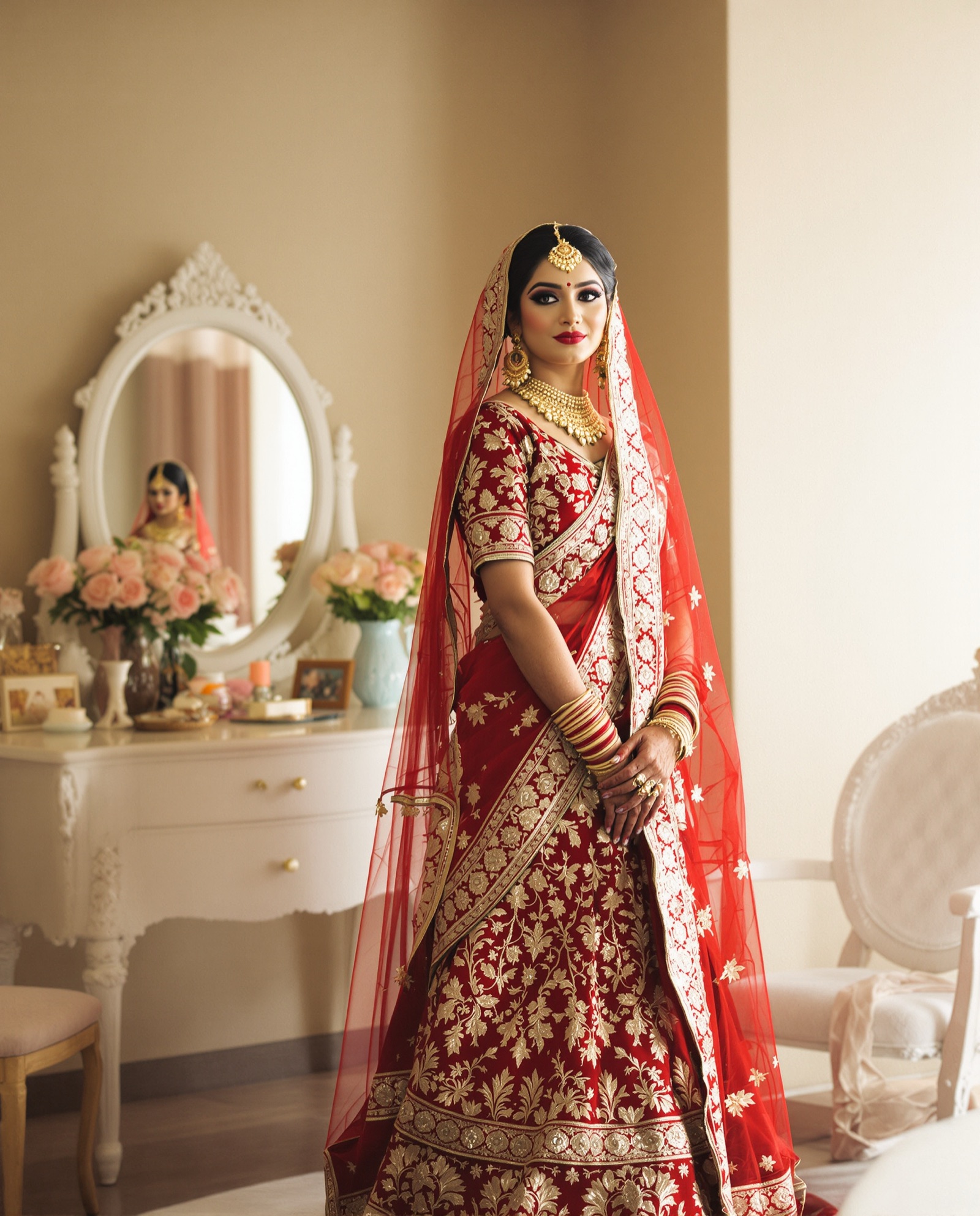 Bridal look in a red and gold sari
