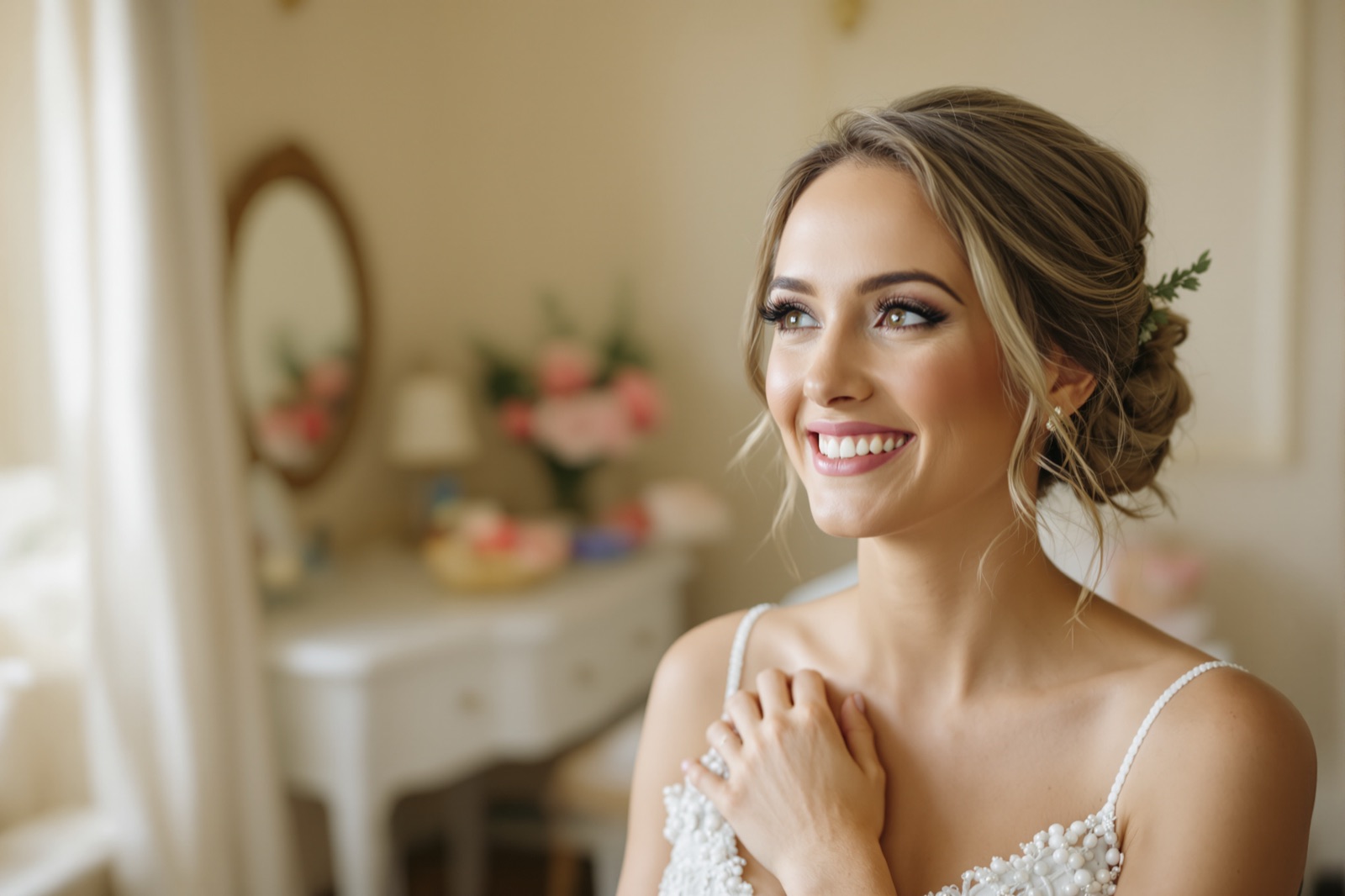 A bride seeing her finished bridal makeup for the first time