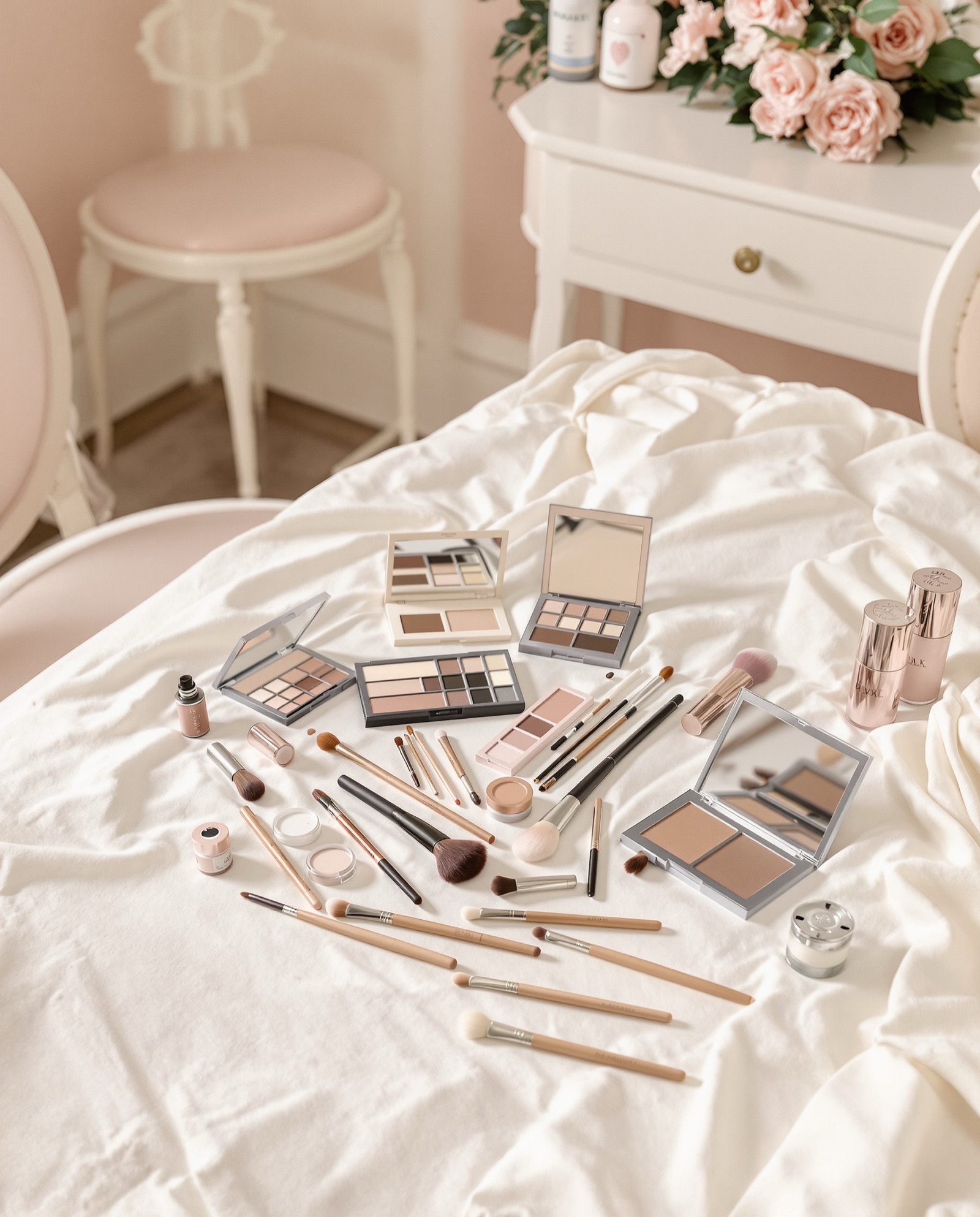 The kit: cosmetics and brushes laid out