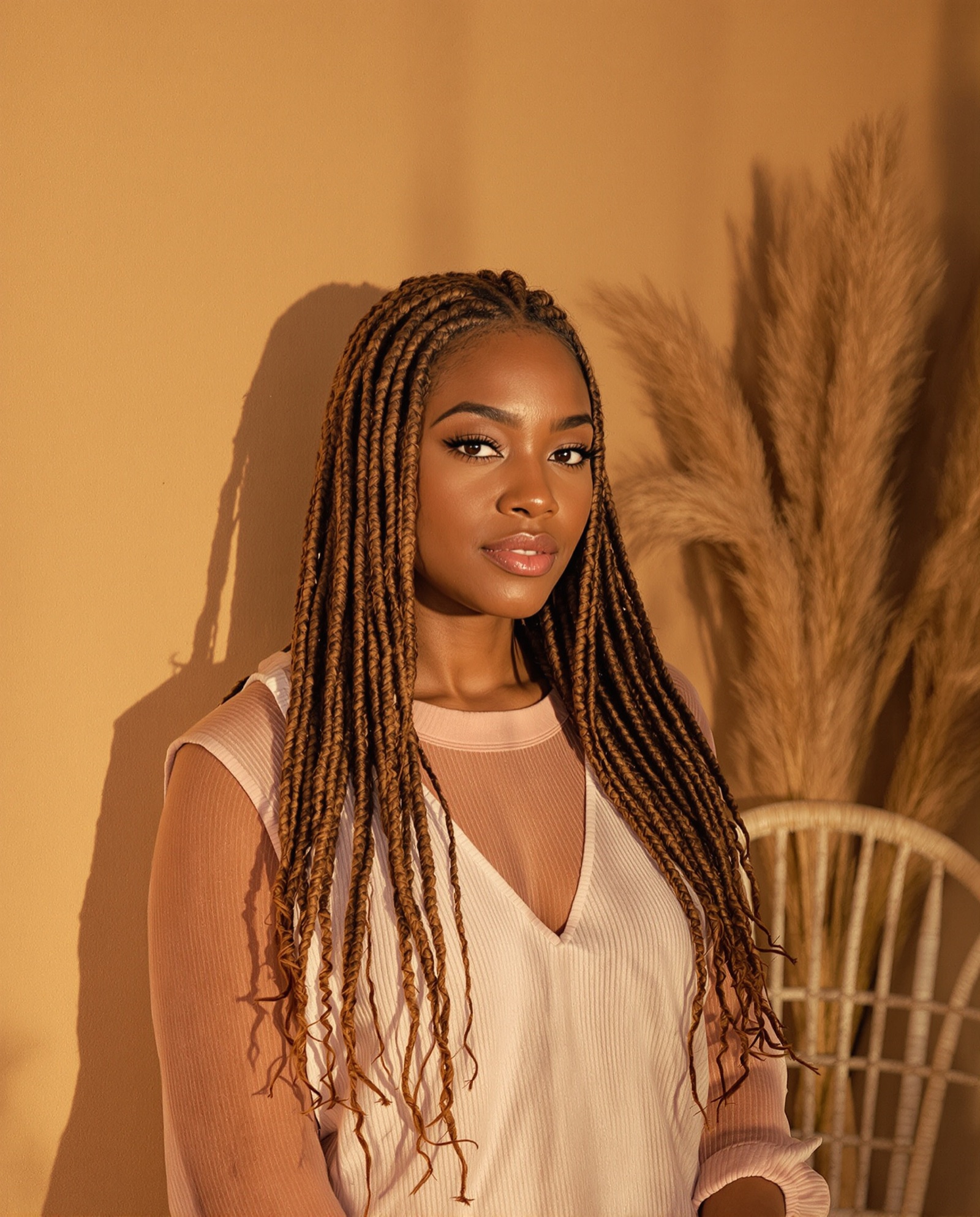 Auburn boho knotless braids with curly pieces left out