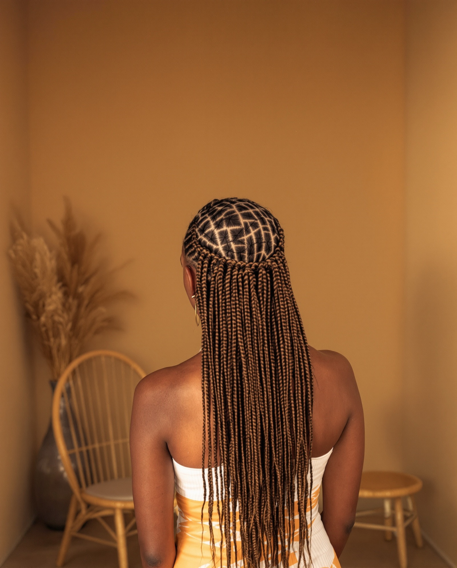 Long small knotless braids seen from behind