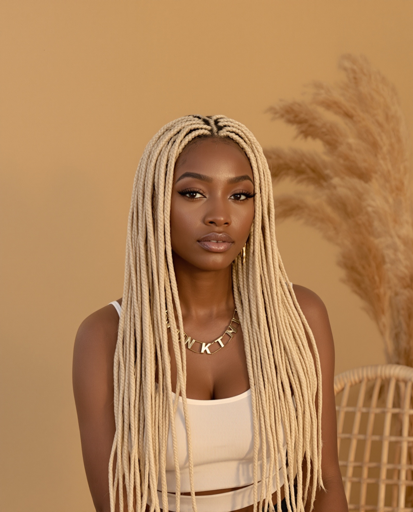 Honey-blonde knotless box braids, front view