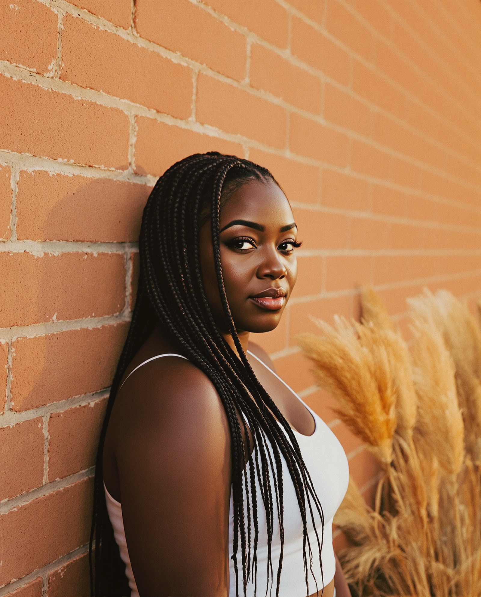 Small knotless braids against a brick wall
