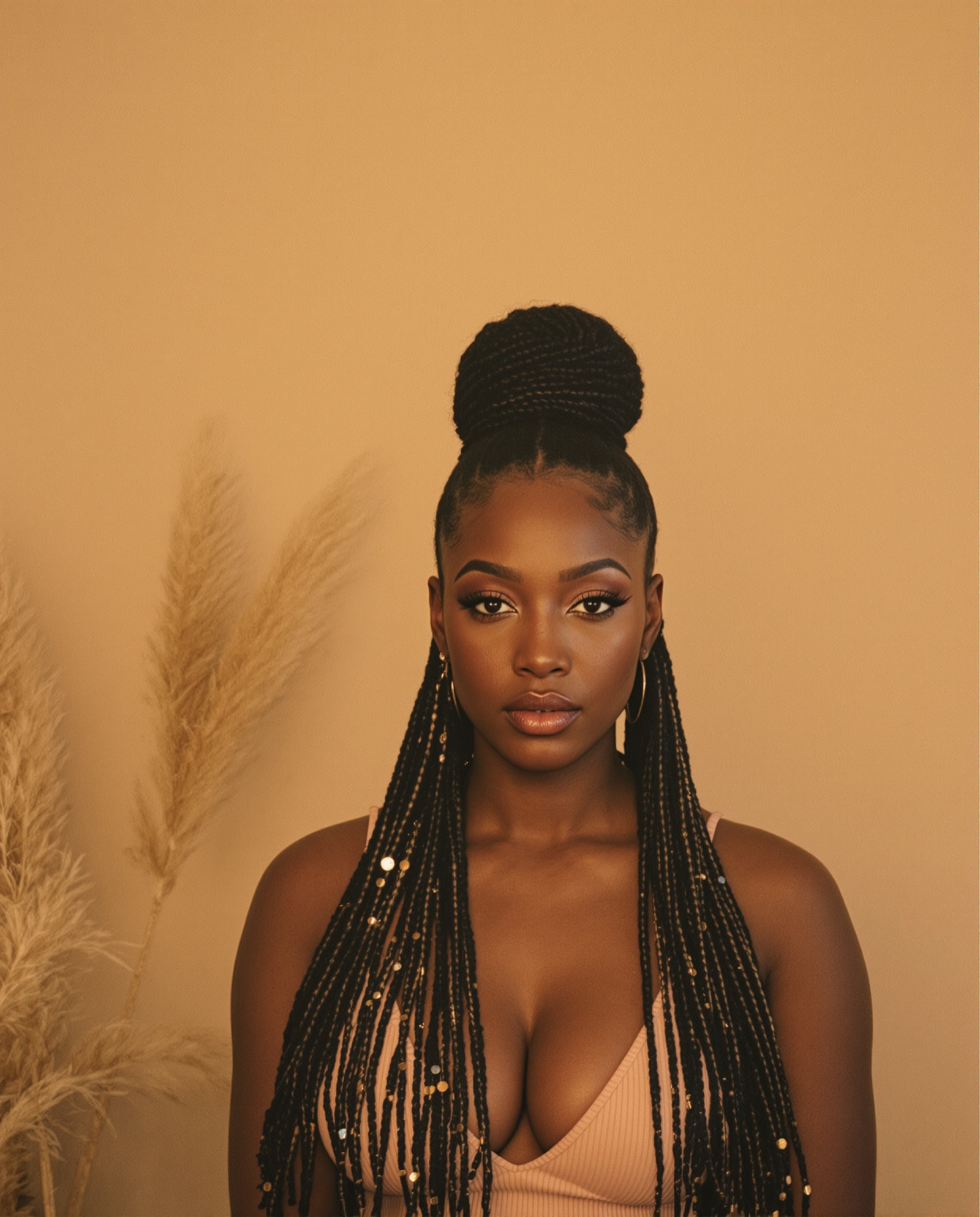 Long knotless box braids worn in a half-up bun