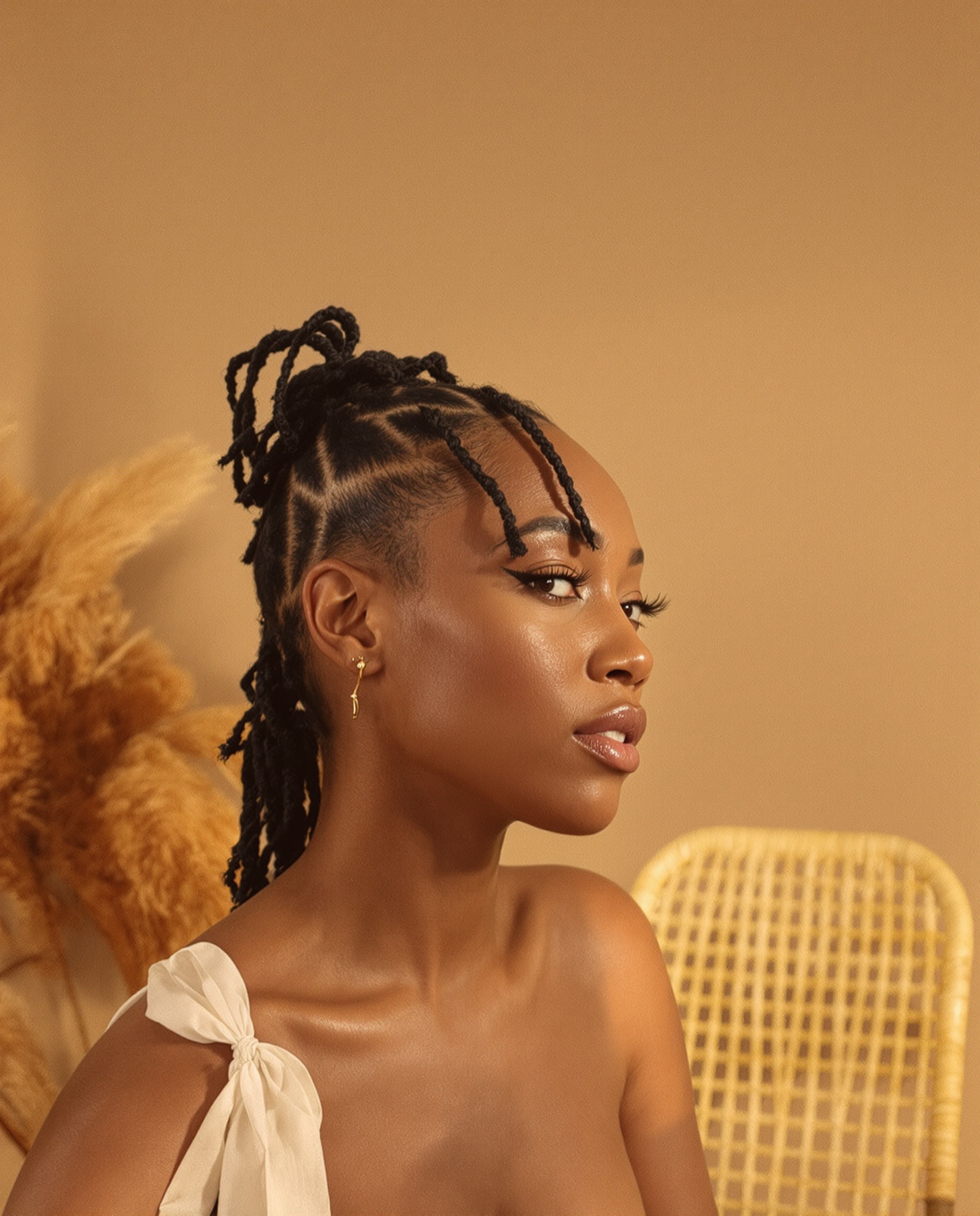 Soft faux locs with clean square parts, styled back