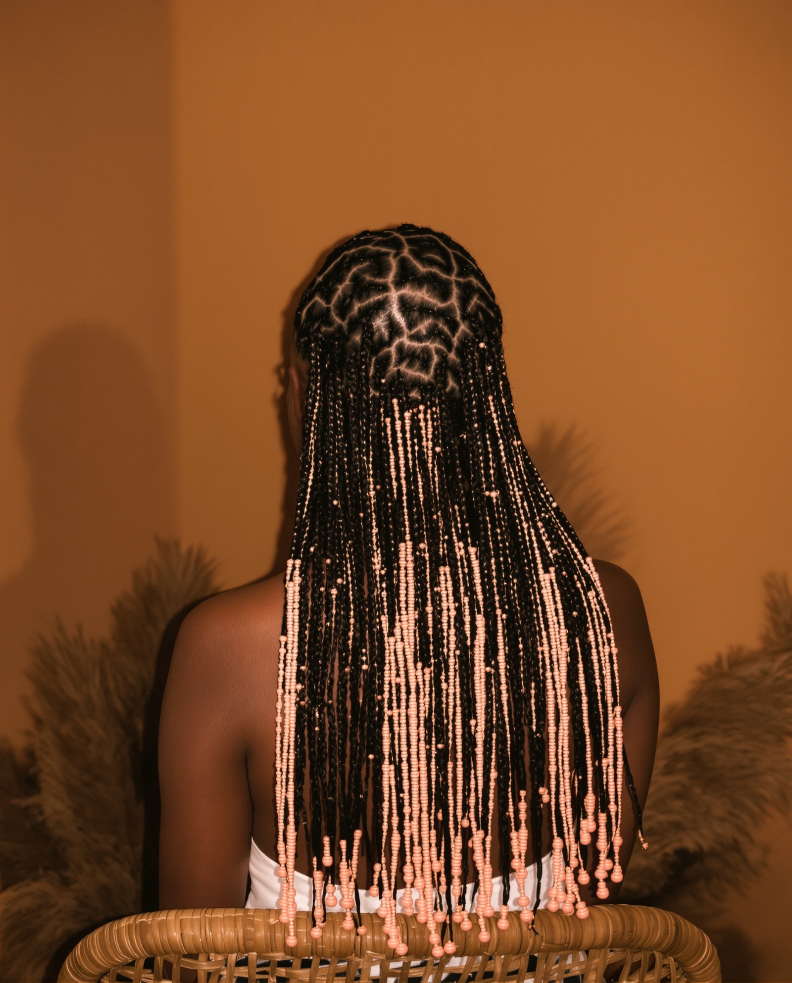 Box braids with pink beads, seen from behind