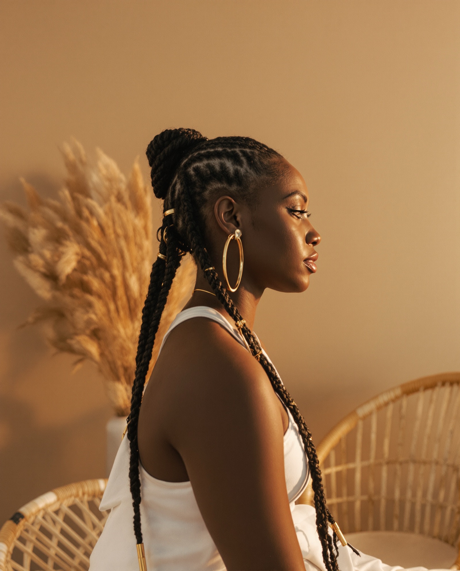 Knotless box braids with gold cuffs, in profile