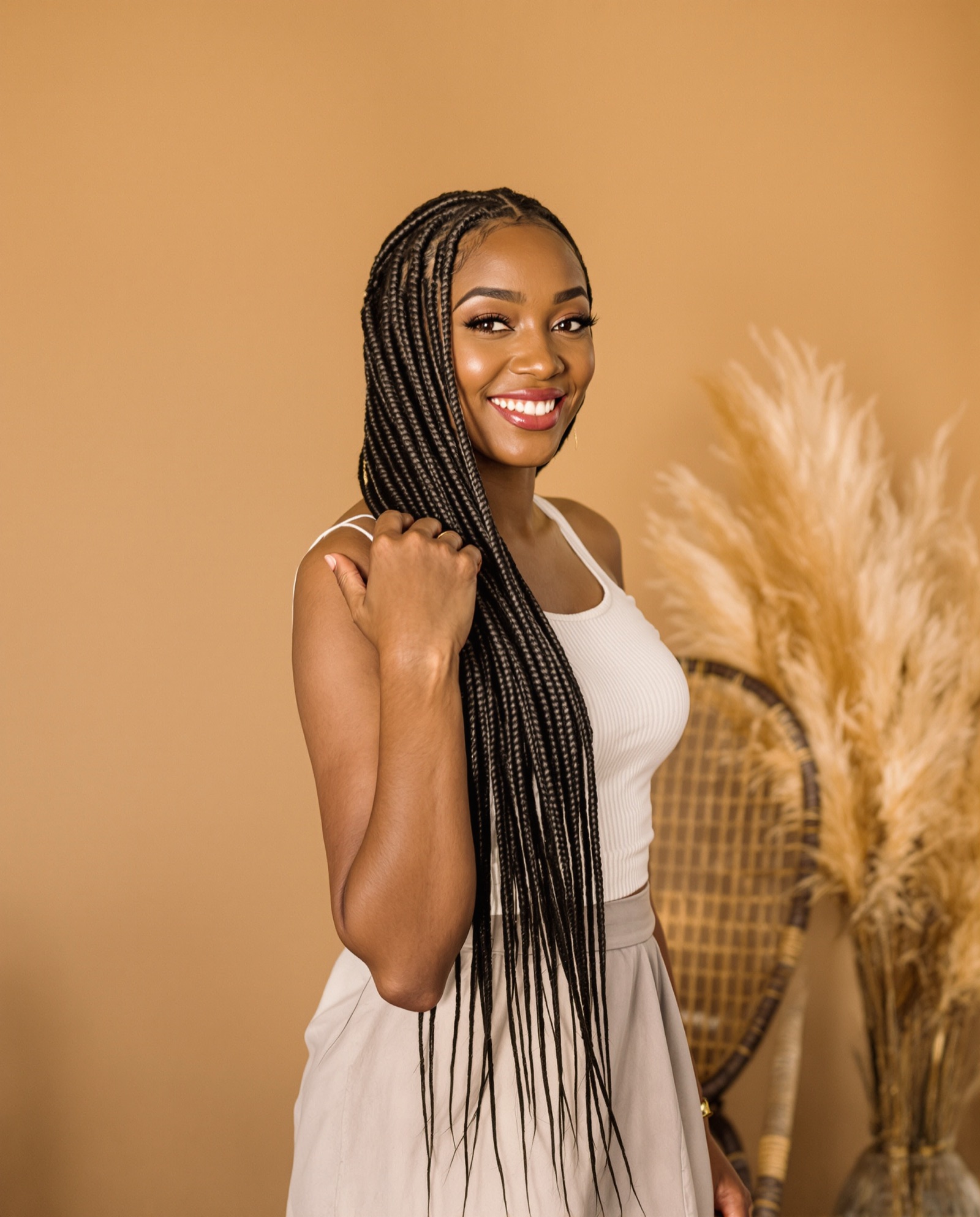 Long knotless braids held over the shoulder