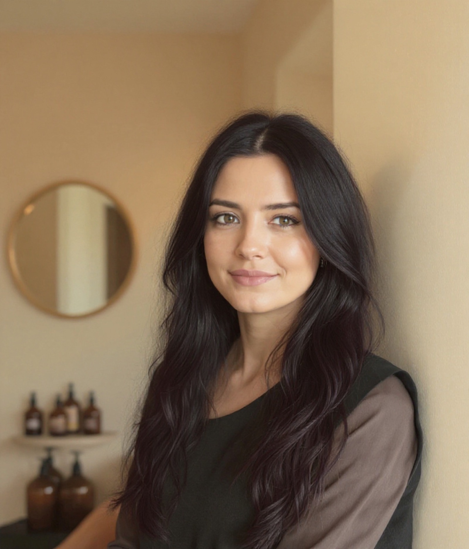 Flat, one-tone dark brown hair before a color appointment (sample result)