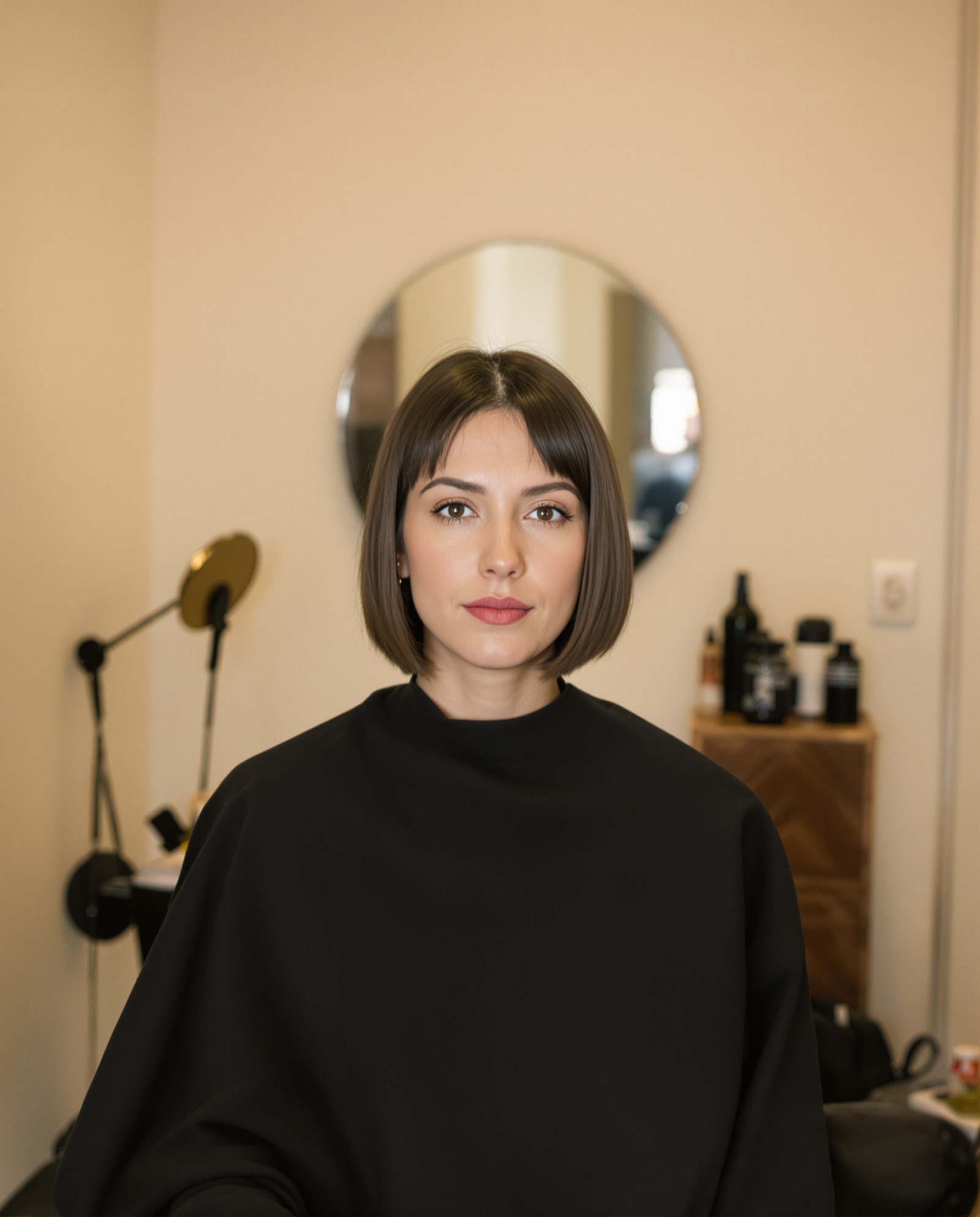 Short, fine hair at the collarbone before an extensions appointment (sample result)
