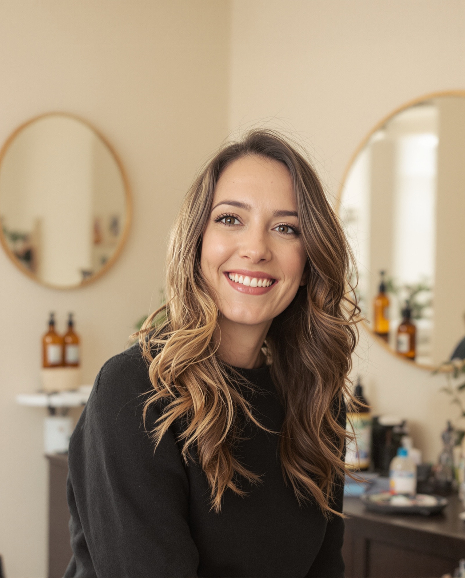 A smiling client with soft brunette waves