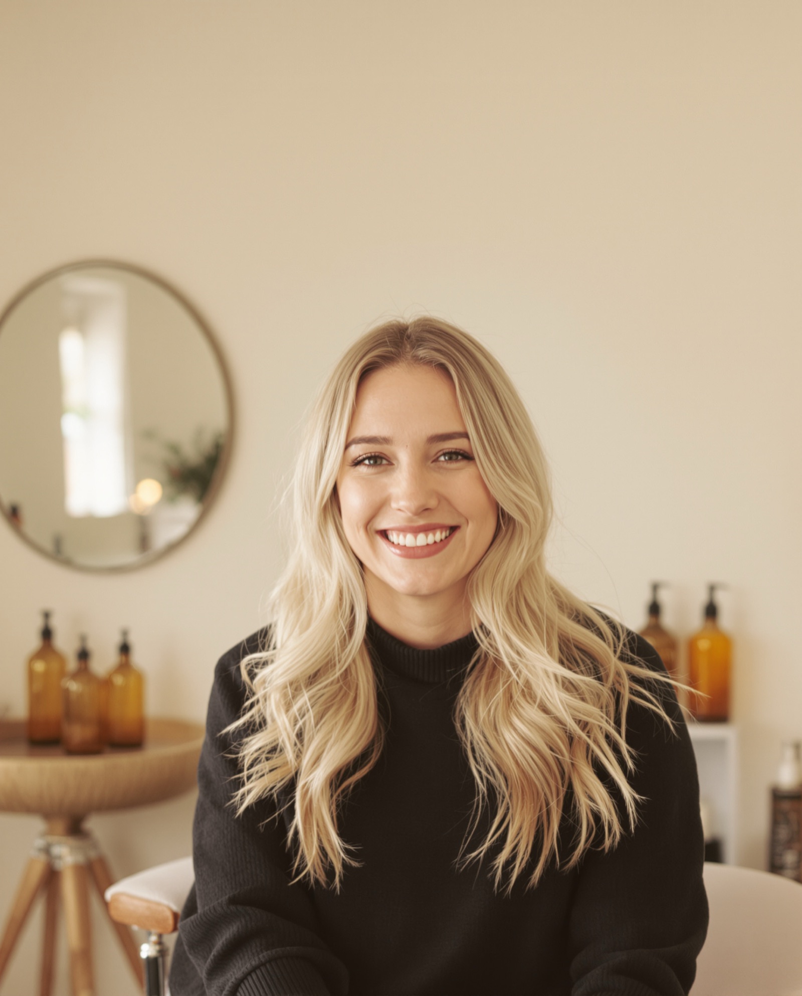 A smiling client with warm blonde balayage