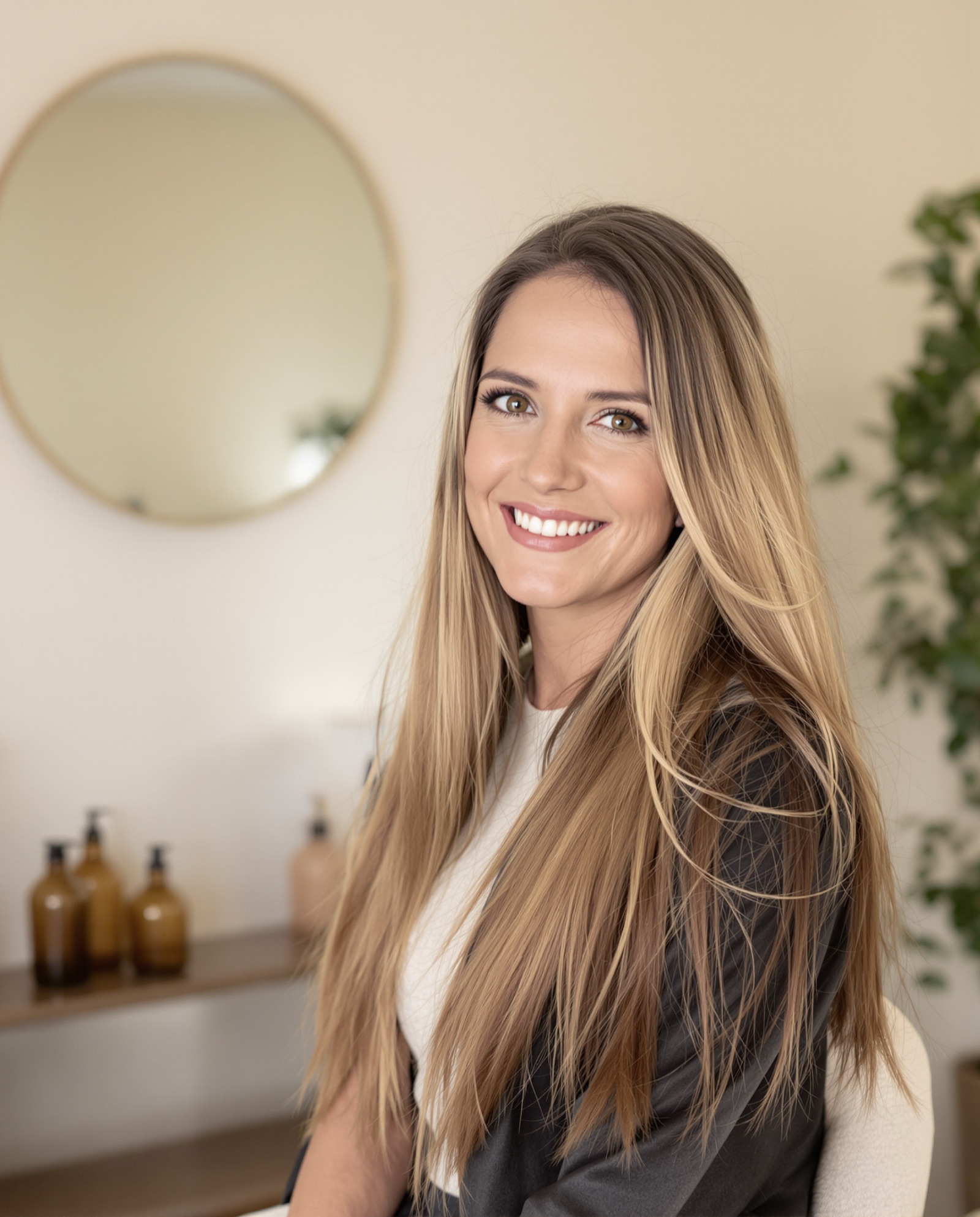 A smiling client with long, healthy extensions