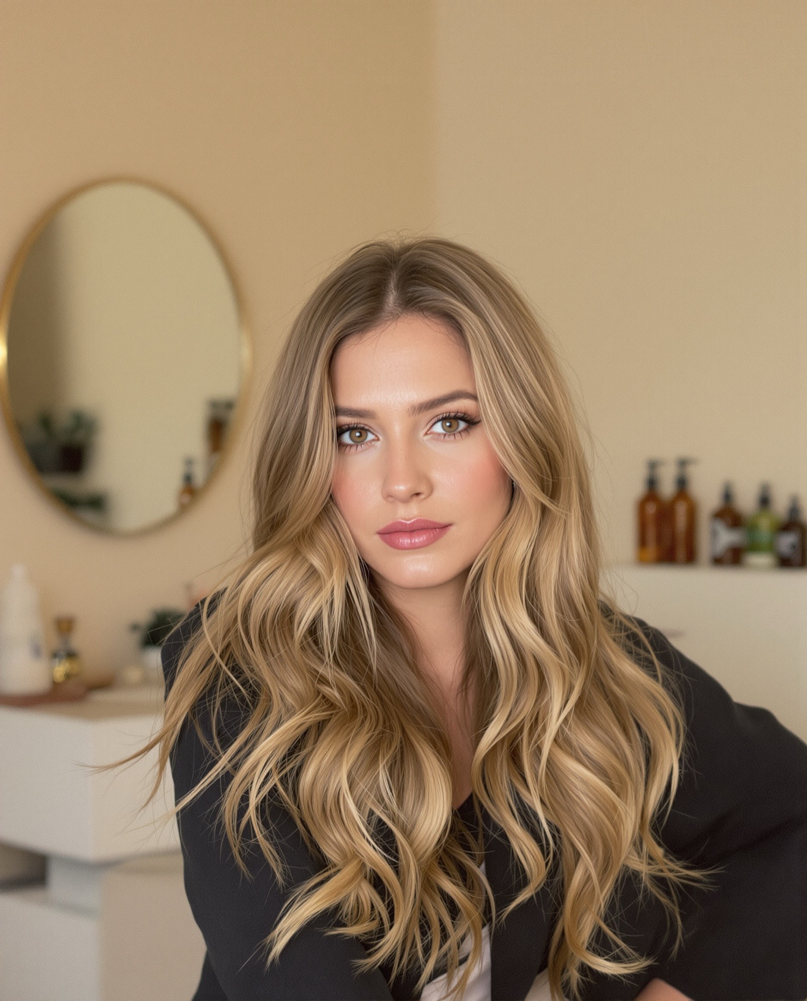 Wavy caramel balayage, viewed from the front