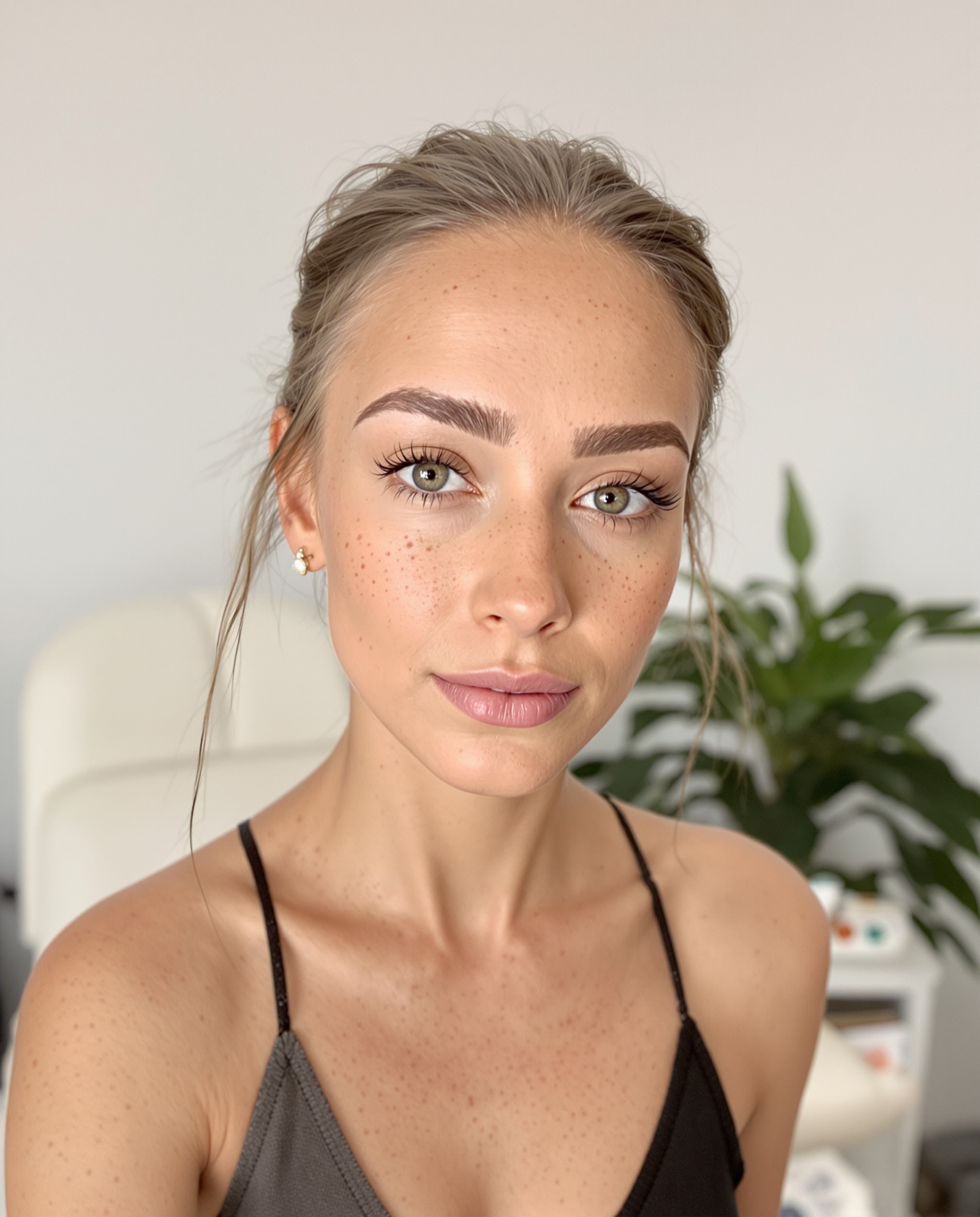 A client with freckles and brushed-up brows