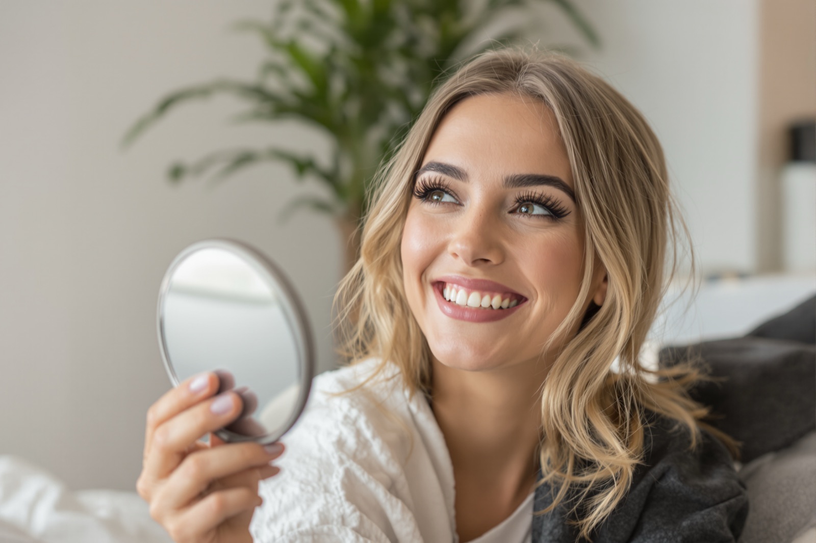 A client seeing her fresh lash set in the mirror for the first time