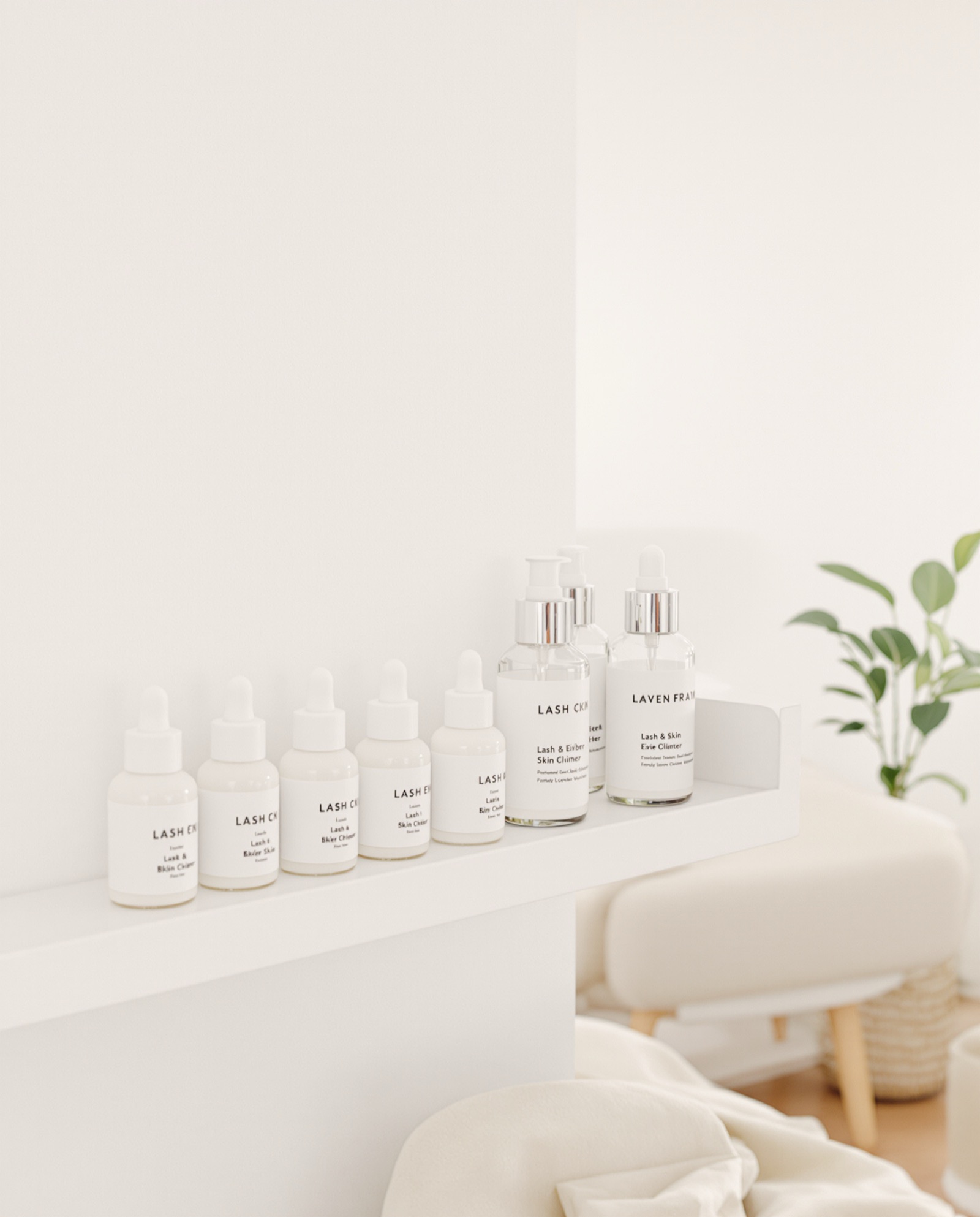 The studio's skincare shelf